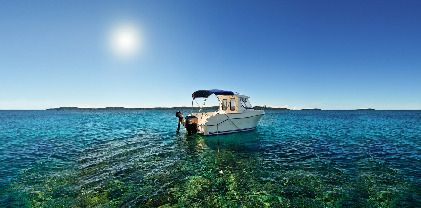 Bimini Top installed on boat in beautiful tropical ocean