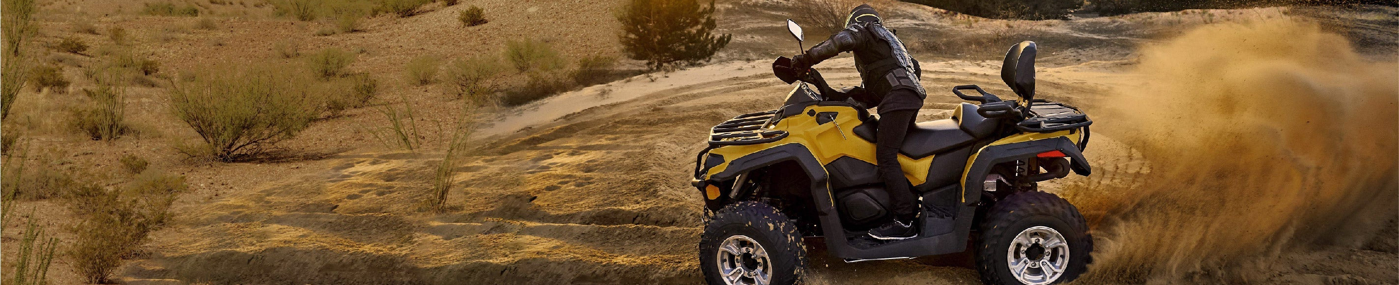 Person riding a yellow ATV on a dirt road in a desert landscape