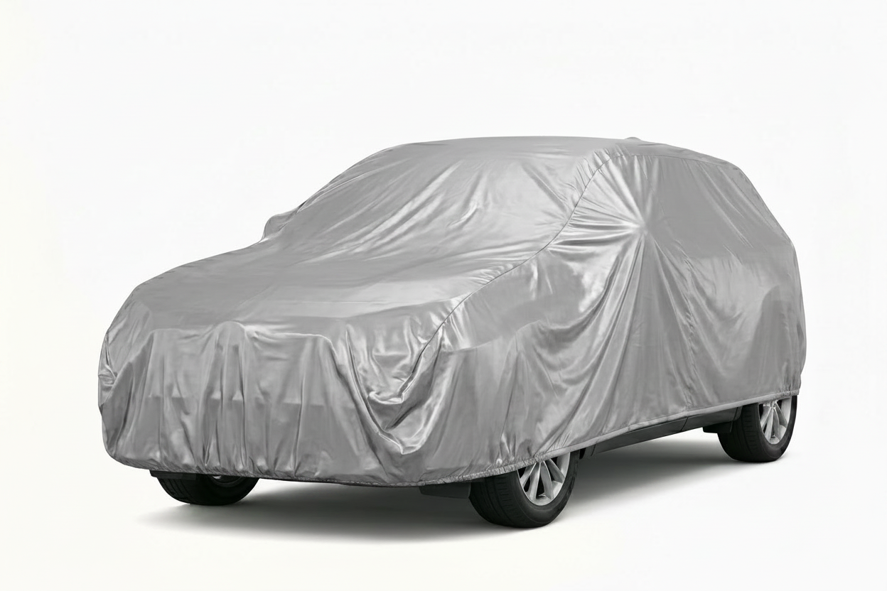 Car covered with a silver car cover on a white background
