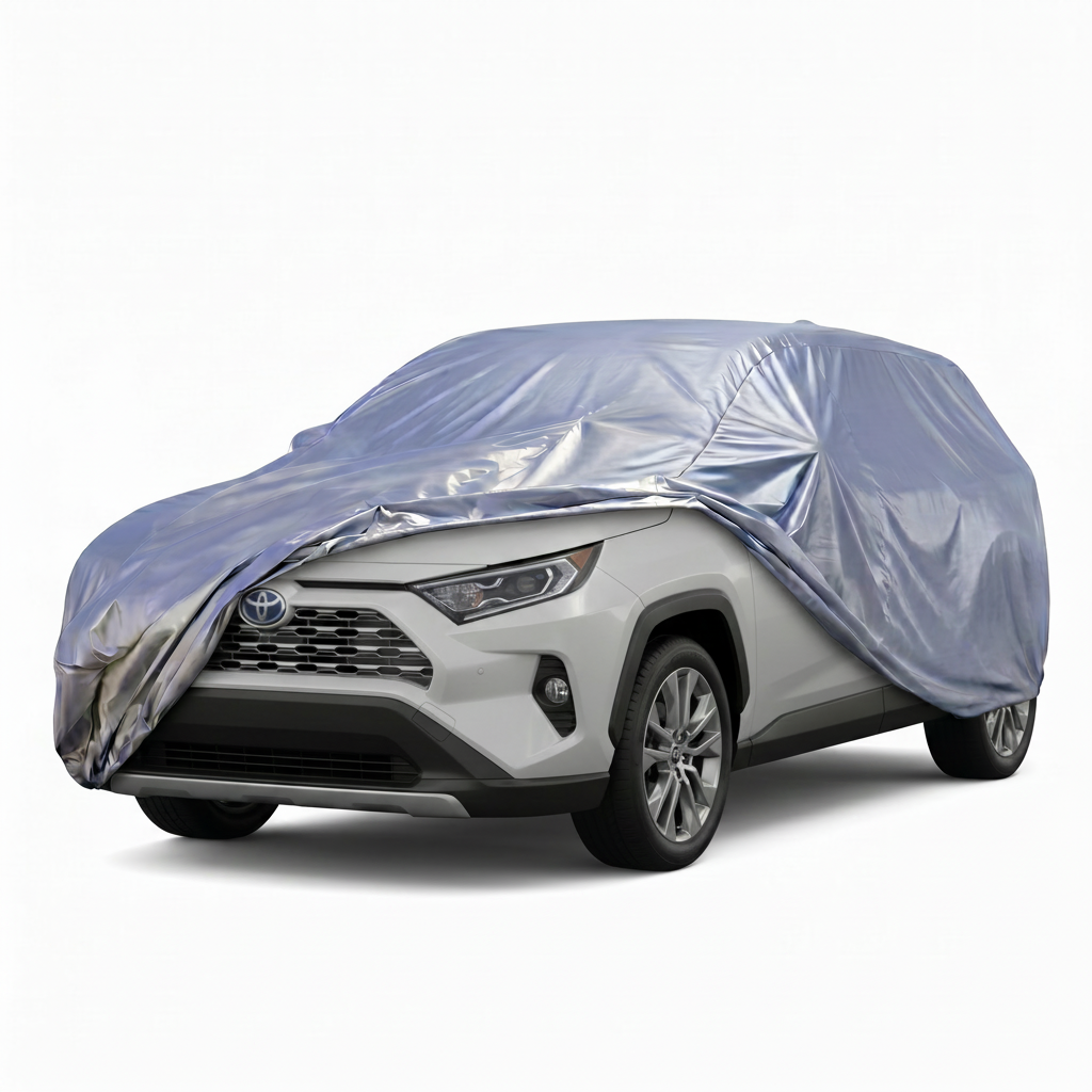 Car covered with a silver protective cover on a white background