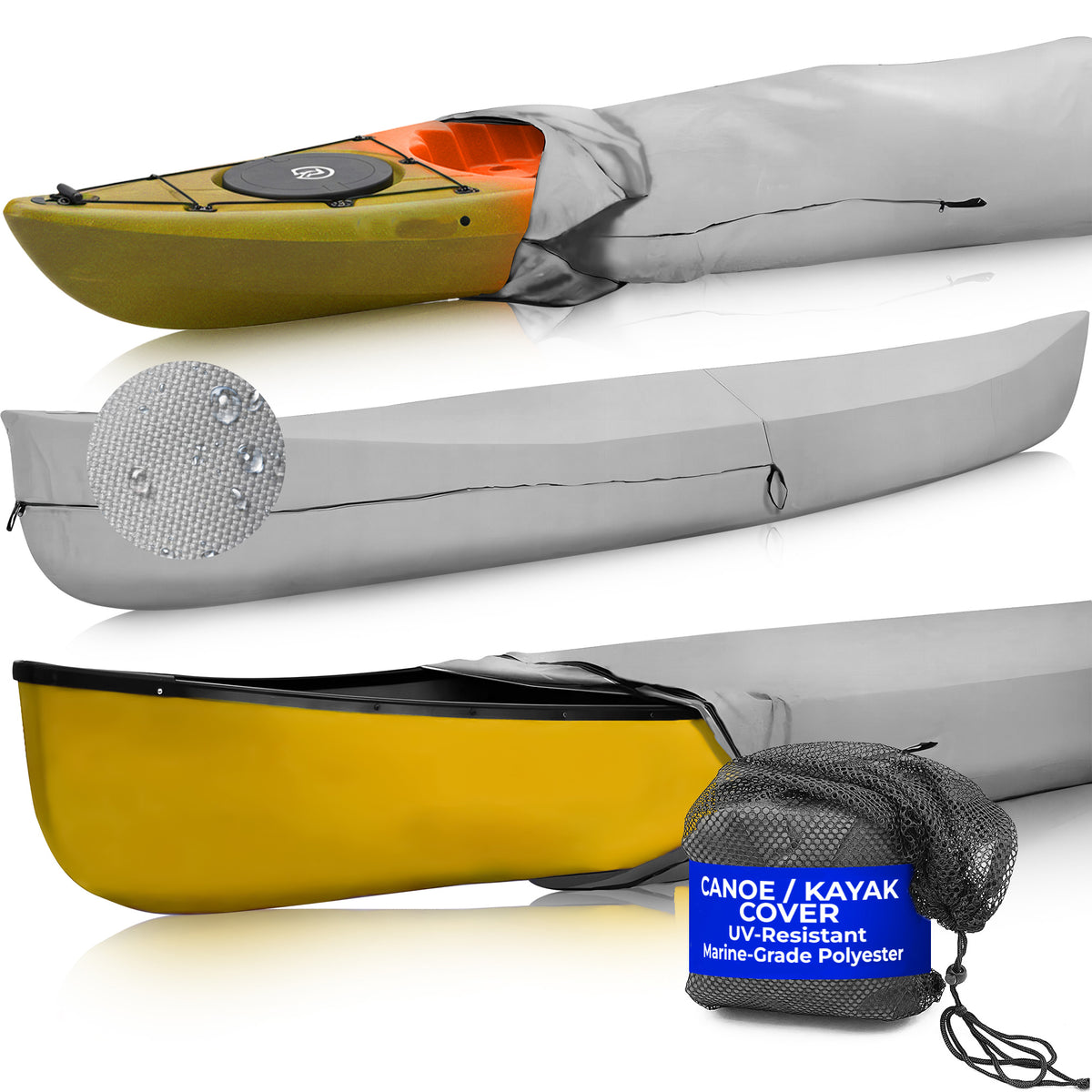 EliteShield™ Waterproof Canoe and Kayak Cover with a yellow canoe and gray kayak on a white background