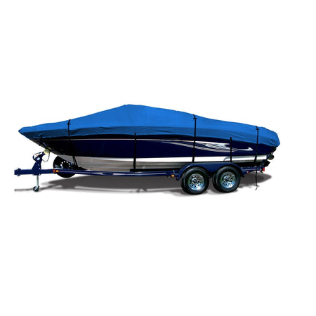 Elite ProShield™ 600D Blue Boat Cover on a trailer with a white background