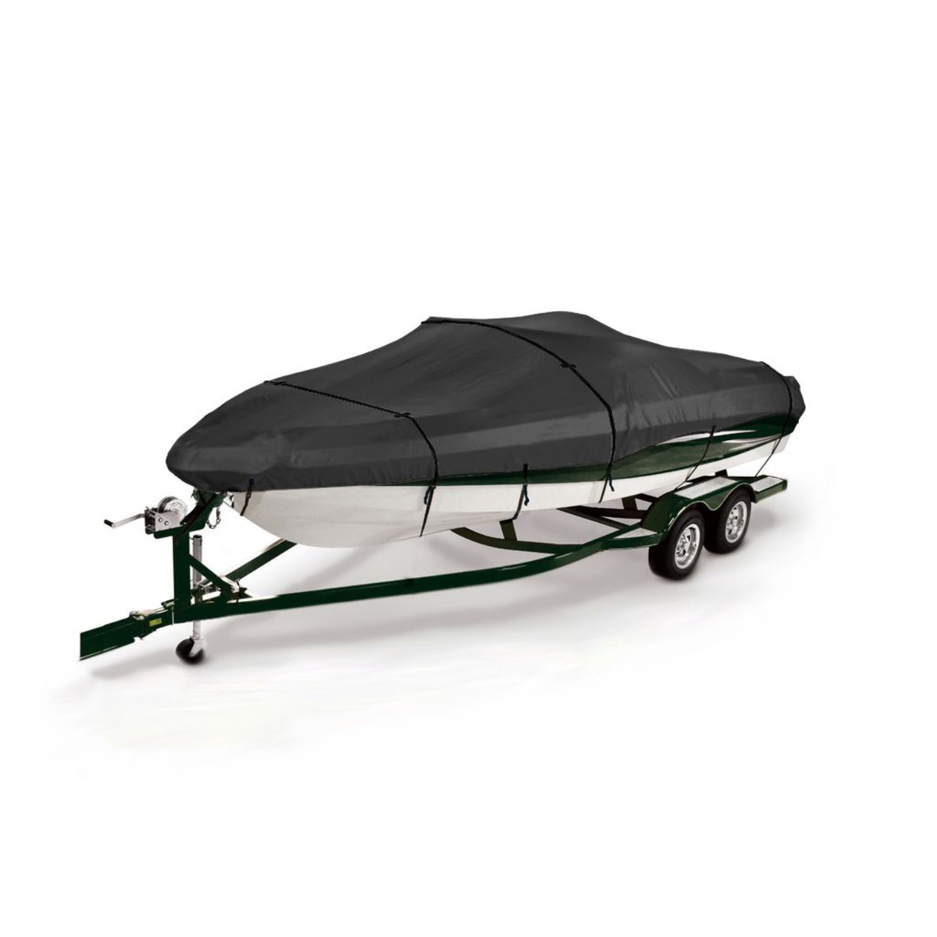 Eliteshield Titanshield 900D Black boat cover on a trailer with a white background