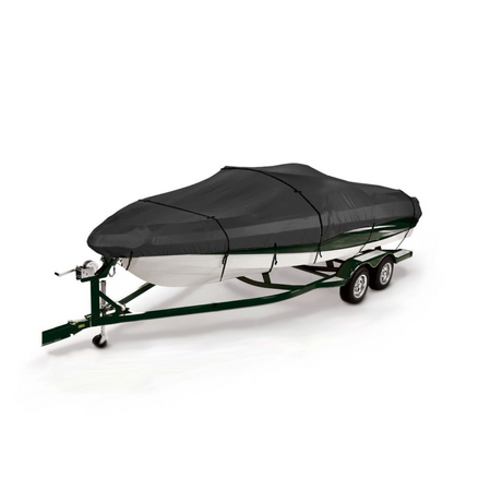 Eliteshield Titanshield 900D Black boat cover on a trailer with a white background