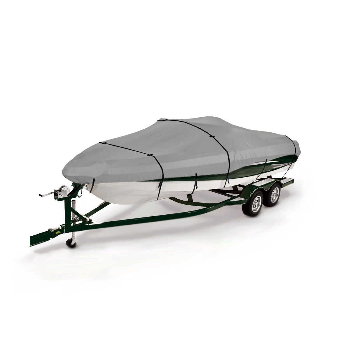 Eliteshield Titanshield 900D Gray boat cover on a trailer with a white background