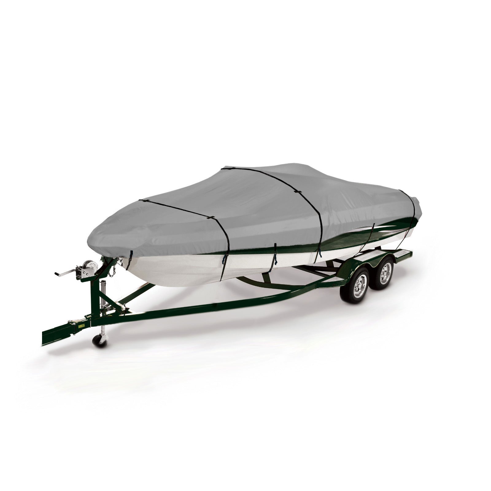 Eliteshield Titanshield 900D Gray boat cover on a trailer with a white background