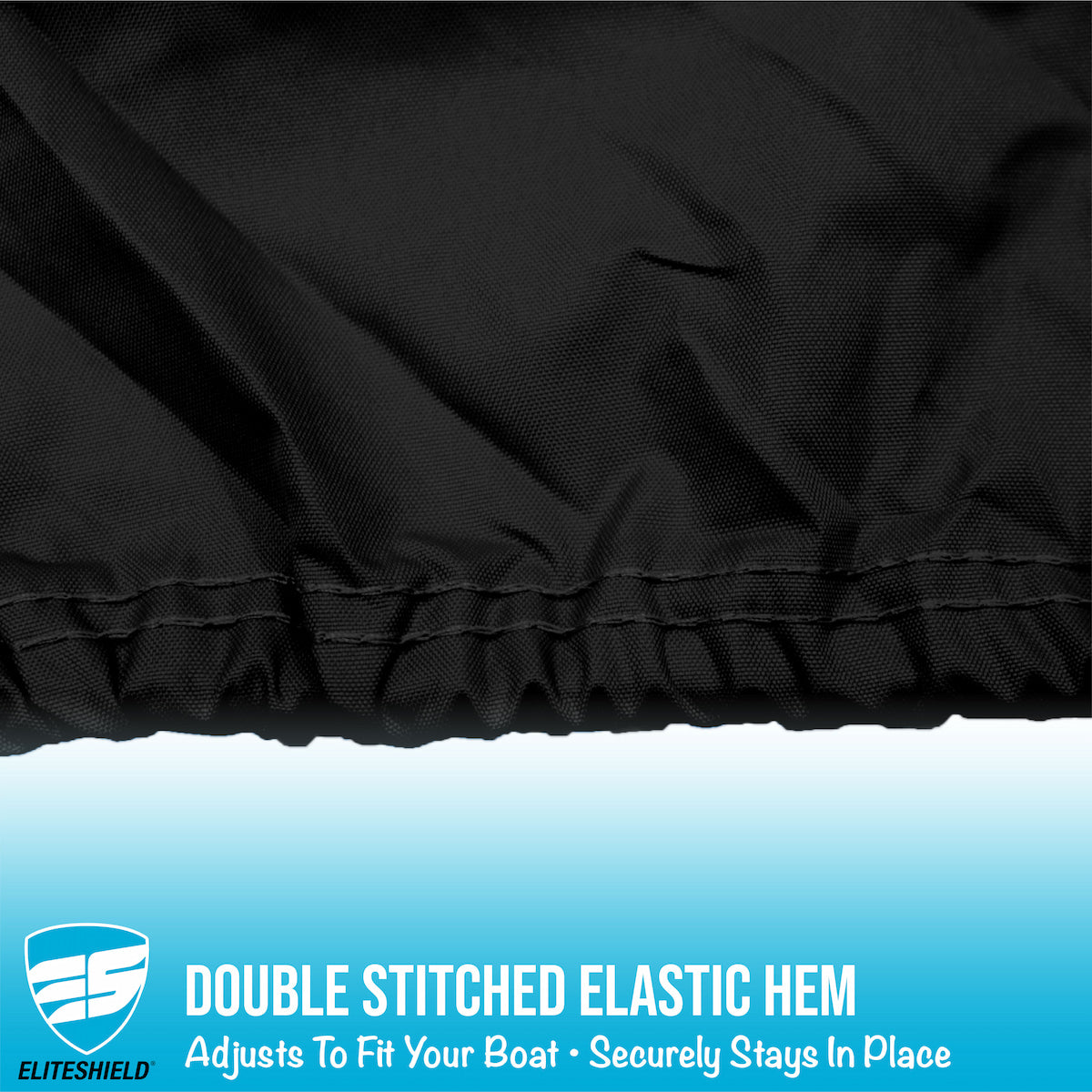 Close-up of a black fabric with a double-stitched elastic hem on a blue background, featuring the Eliteshield logo.