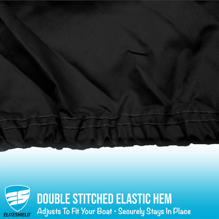 Close-up of a black fabric with a double-stitched elastic hem on a blue background, featuring the Eliteshield logo.