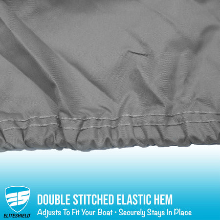 Close-up of a gray boat cover with a double-stitched elastic hem, featuring the Eliteshield brand.
