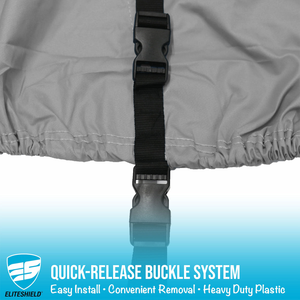 Gray cover with a black quick-release buckle system on a white background