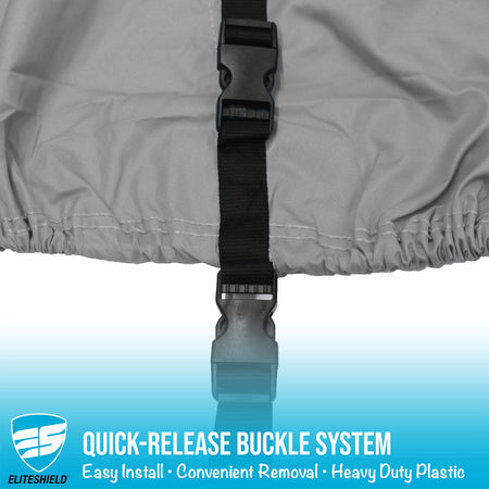 Gray cover with a black quick-release buckle system on a white background