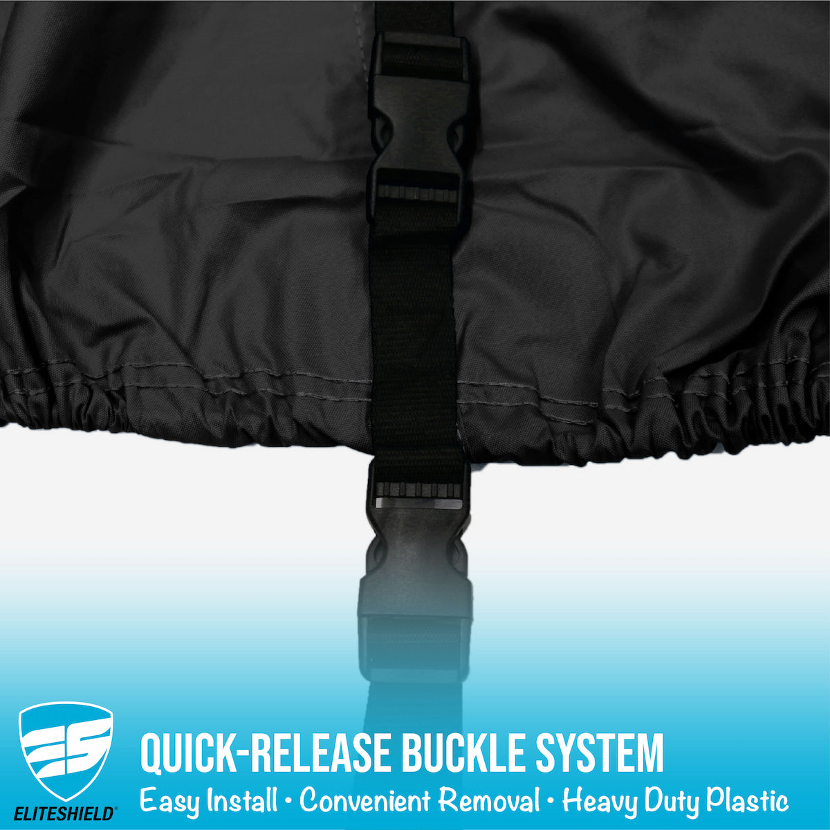 Black cover with quick-release buckle system on a reflective surface, featuring Eliteshield logo.