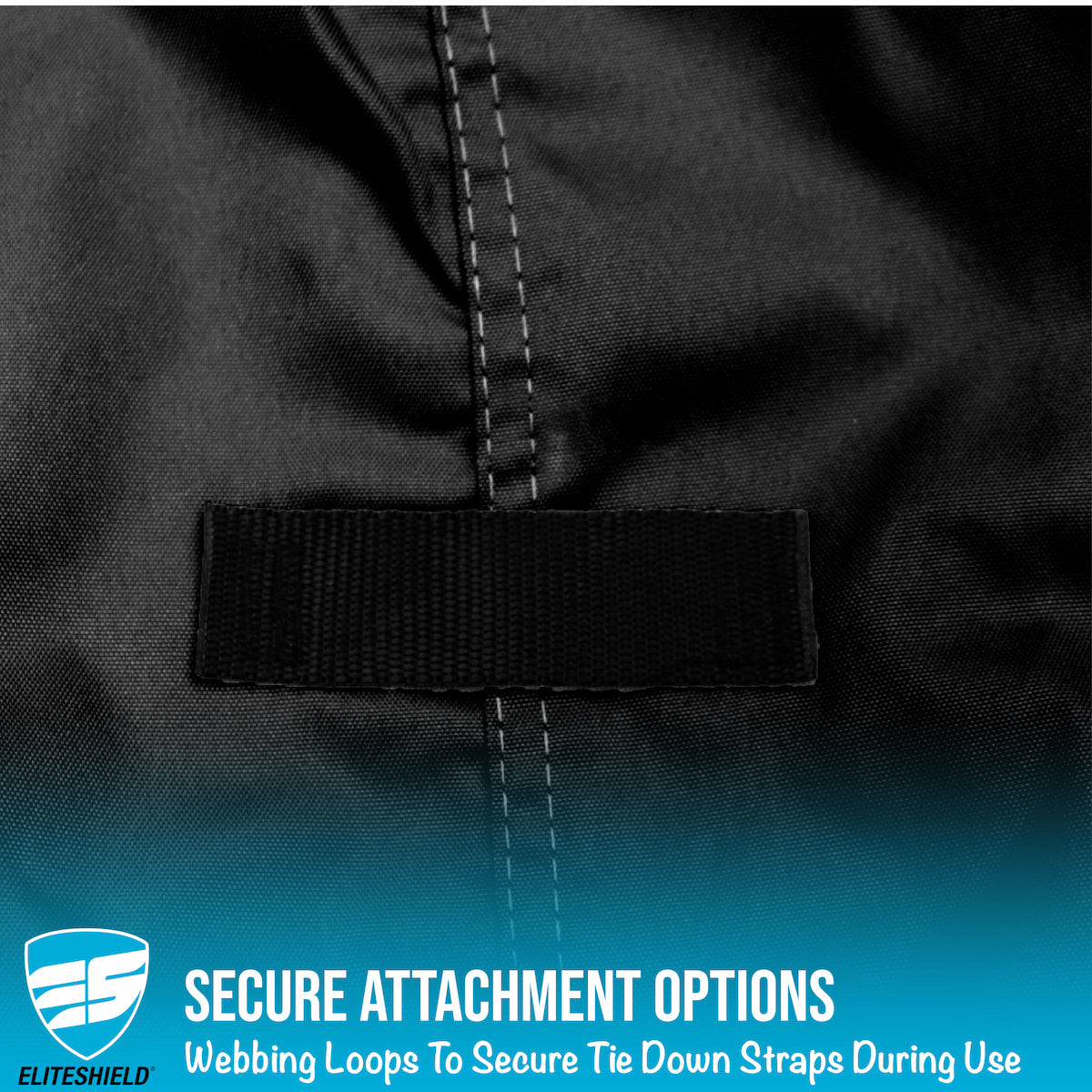 Close-up of a black webbing strap attachment on a dark fabric background with Eliteshield branding.
