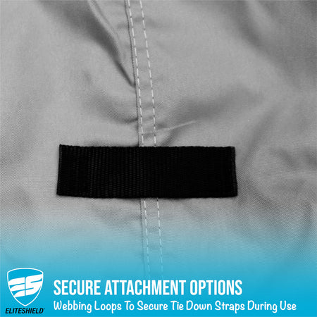 Close-up of a black webbing loop on gray fabric with Eliteshield branding and text about secure attachment options.