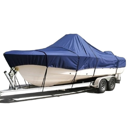 Another image of a blue Center Console Elite ProShield Boat cover installed on a boat.