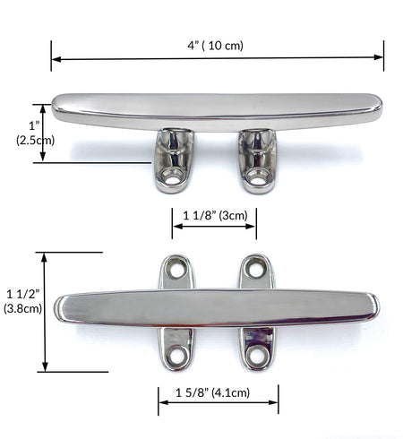 4-inch Savvycraft stainless steel boat dock cleat with dimensions shown in inches and centimeters, highlighting a 1 5/8-inch mounting hole spacing and 1 1/2-inch total width.