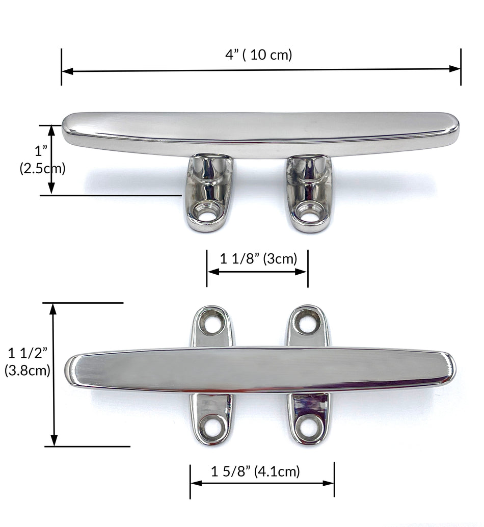 4-inch Savvycraft stainless steel boat dock cleat with dimensions shown in inches and centimeters, highlighting a 1 5/8-inch mounting hole spacing and 1 1/2-inch total width.
