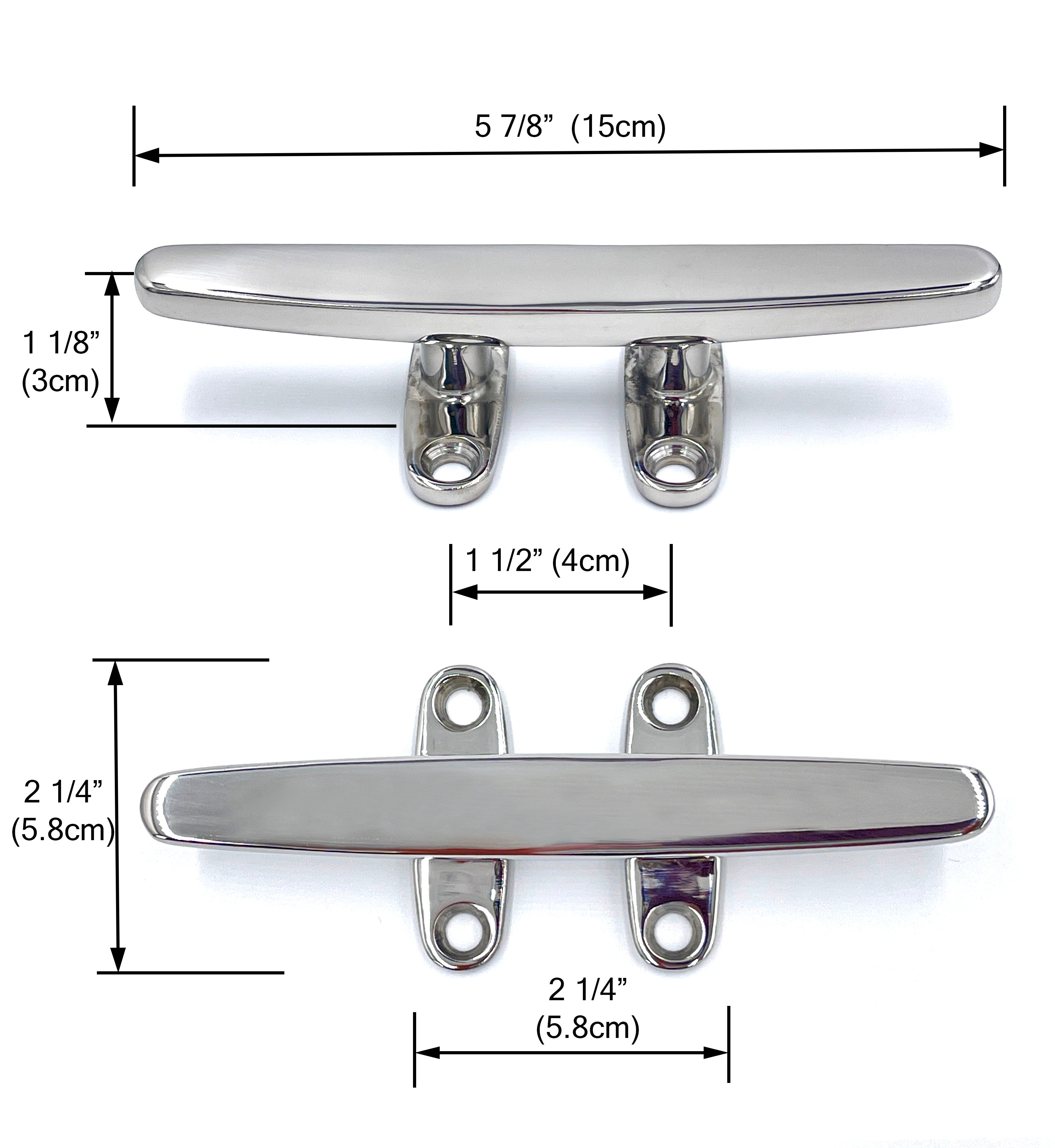 5 7/8-inch Savvycraft stainless steel boat dock cleat with dimensions shown in inches and centimeters, highlighting a 2 1/4-inch mounting hole spacing and 2 1/4-inch total width.