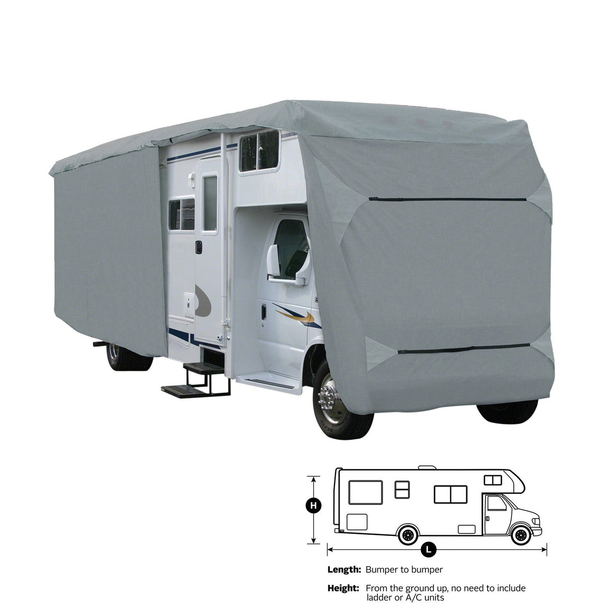 Another photo of the Elite Premium Class C RV Cover installed on a Class C size RV.